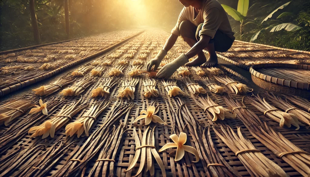 DALL·E 2025 01 08 10.51.33 A highly realistic image depicting the curing process of vanilla pods. The scene shows freshly harvested vanilla pods laid out on woven mats under the sun for curing