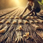 DALL·E 2025 01 08 10.51.33 A highly realistic image depicting the curing process of vanilla pods. The scene shows freshly harvested vanilla pods laid out on woven mats under the