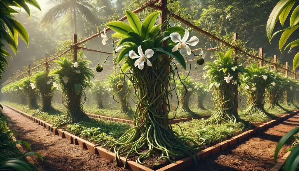 DALL·E 2025 01 08 10.52.25 A highly realistic image showcasing a cluster of vanilla plants in a tropical agricultural setting. The plants have long, green vines climbing wooden