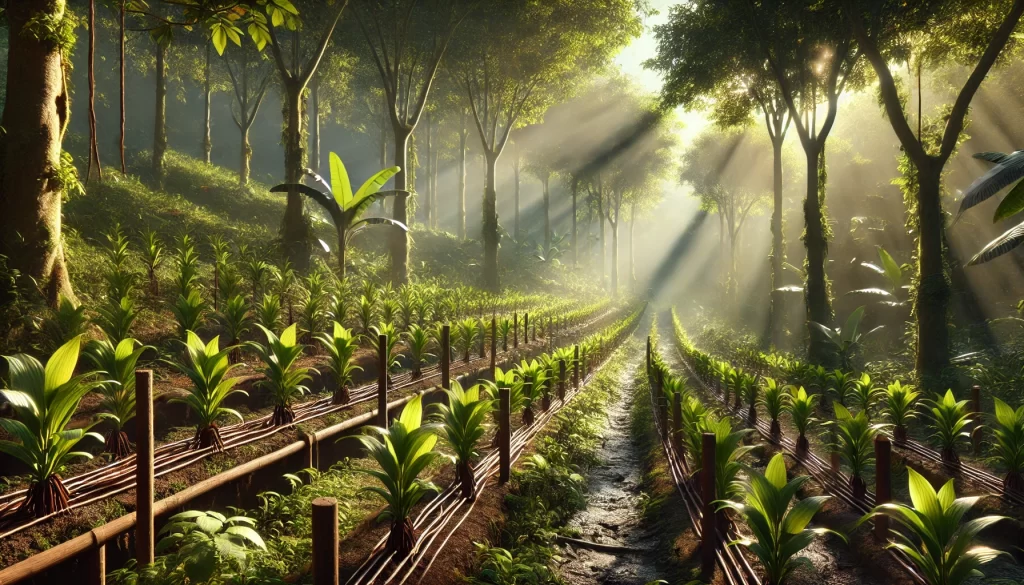 DALL·E 2025 01 08 11.03.14 A highly realistic image representing the ideal climate for vanilla cultivation. The scene showcases a tropical environment with warm temperatures, high humidity