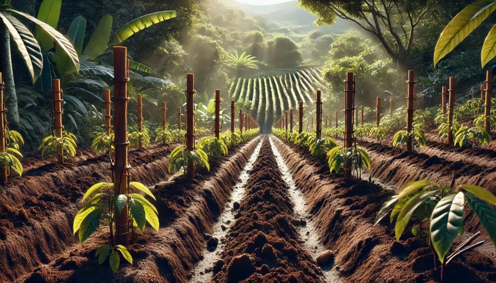 DALL·E 2025 01 08 11.04.07 A highly realistic image showing soil prepared for vanilla cultivation in a tropical agricultural setting. The rich, well-drained soil is freshly tilled