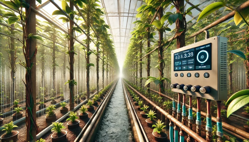 DALL·E 2025 01 08 11.05.13 A highly realistic image showing an irrigation and humidity control system for vanilla cultivation in a tropical agricultural setting. Rows of vanilla plants are visible in the background