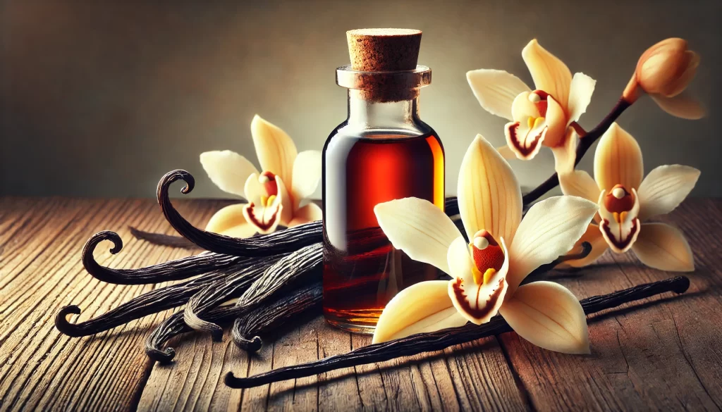 DALL·E 2025 01 08 11.06.42 A highly realistic image showcasing vanilla pods elegantly arranged beside a glass bottle of vanilla extract and a delicate vanilla orchid flower. The