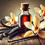 DALL·E 2025 01 08 11.06.42 A highly realistic image showcasing vanilla pods elegantly arranged beside a glass bottle of vanilla extract and a delicate vanilla orchid flower. The