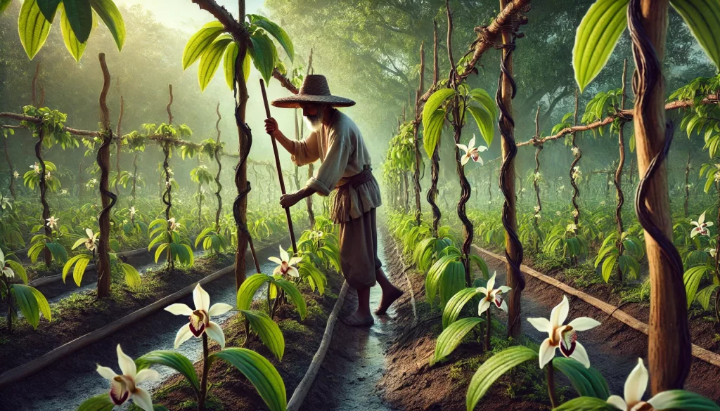 DALL·E 2025 01 08 11.11.14 A highly realistic image of a Mexican farmer cultivating vanilla in a tropical agricultural setting. The farmer, wearing traditional clothing and a wide-brimmed hat, is tending to vanilla plants