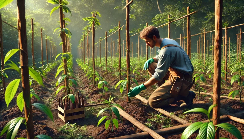 DALL·E 2025 01 08 11.12.59 A highly realistic image showing the planting of vanilla cuttings in a tropical agricultural setting. A farmer, wearing practical clothing and gloves, plants a vanilla cutting in a tropical field