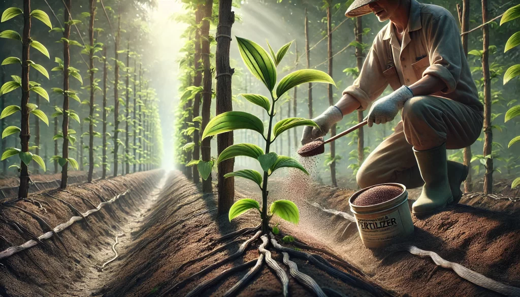 DALL·E 2025 01 08 11.13.49 A highly realistic image showing the application of fertilizer to a vanilla plant in a tropical agricultural setting. A farmer, wearing gloves and practical clothing, applies fertilizer to a vanilla plant