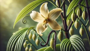 DALL·E 2025 01 08 11.15.03 A highly realistic close up image of a vanilla flower on a vanilla plant, with visible vanilla pods growing nearby. The flower is delicate and pale ye