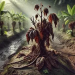 DALL·E 2025 01 08 11.17.33 A highly realistic image showing a diseased and dried vanilla plant in a tropical agricultural setting. The plant's leaves are wilted, brown, and curl