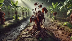 DALL·E 2025 01 08 11.17.33 A highly realistic image showing a diseased and dried vanilla plant in a tropical agricultural setting. The plant's leaves are wilted, brown, and curl