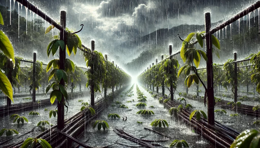 DALL·E 2025 01 08 11.22.54 A highly realistic image depicting a vanilla plantation during heavy rain in a tropical setting. The sky is overcast with dark storm clouds, and rain is falling