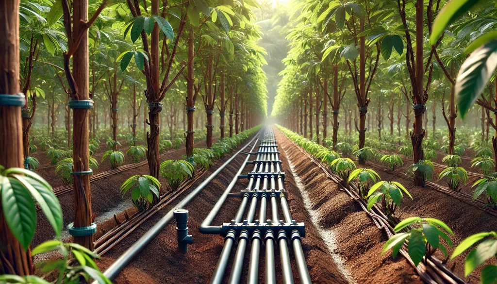 DALL·E 2025 01 08 11.24.44 A highly realistic image showing an irrigation system in a vanilla plantation. Rows of vanilla plants are supported by wooden trellises, with a drip irrigation system visible