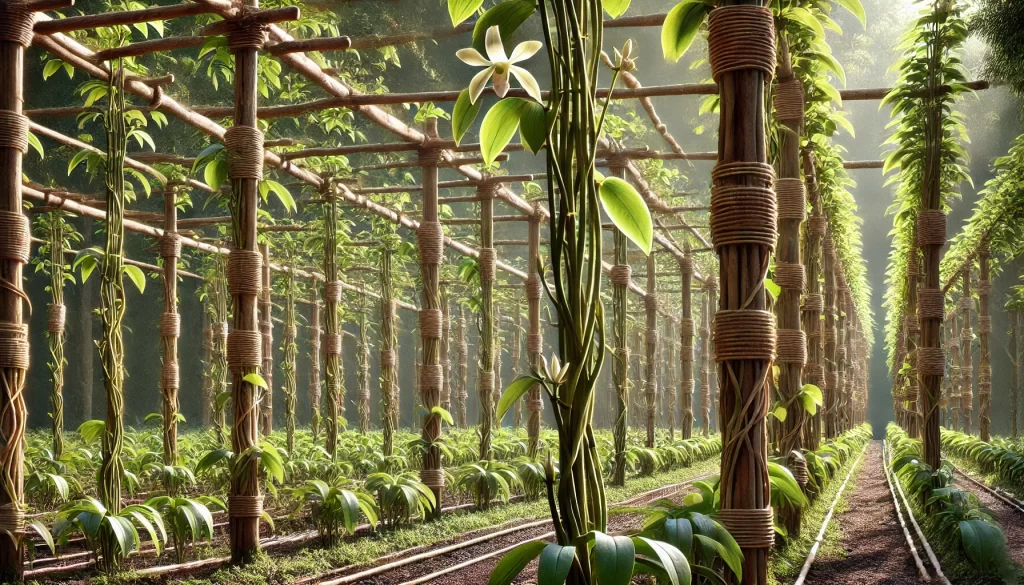 DALL·E 2025 01 08 11.25.45 A highly realistic image showcasing the support structure for vanilla plants in a tropical agricultural setting. Wooden trellises and vertical stakes support the growing vanilla vines