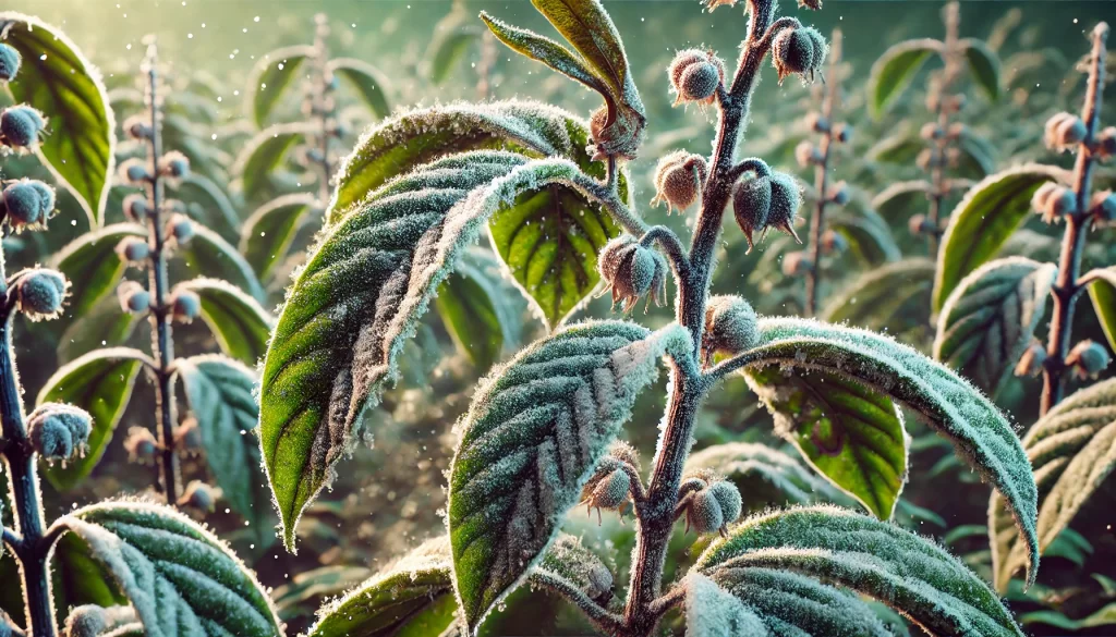 DALL·E 2025 01 08 11.28.49 A highly realistic close up image showing powdery mildew (Oidium) affecting a vanilla plant. The leaves and stems of the plant are covered in a fine,