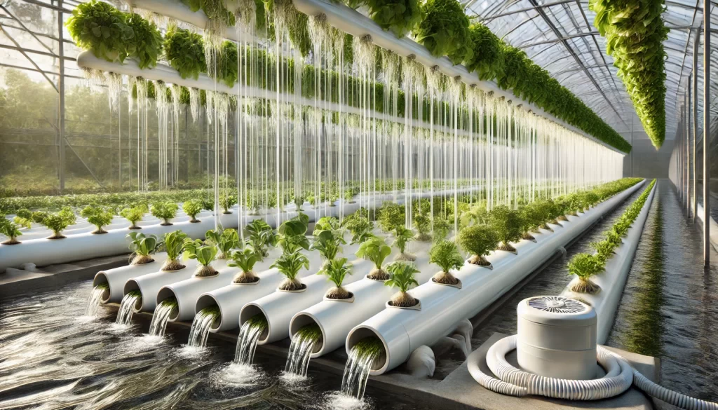 DALL·E 2025 01 08 11.36.54 A highly realistic image showcasing a Nutrient Film Technique (NFT) hydroponic system in a greenhouse setting. The system consists of white PVC channe