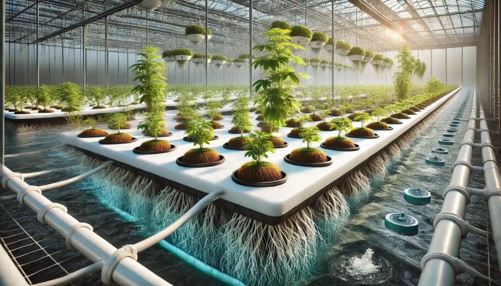 DALL·E 2025 01 08 11.37.39 A highly realistic image showcasing a Deep Water Culture (DWC) hydroponic system, also known as a floating root system. Plants are growing in net pots