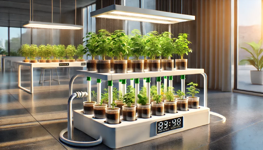 DALL·E 2025 01 08 11.38.50 A highly realistic image showcasing a Wick System hydroponic setup, ideal for small scale or home gardening. The system features plants growing in sma