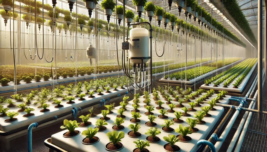 DALL·E 2025 01 08 11.39.35 A highly realistic image showcasing a drip irrigation hydroponic system in an agricultural greenhouse. Rows of plants are growing in individual contai