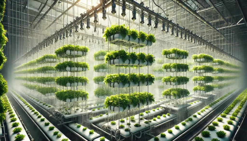 DALL·E 2025 01 08 15.59.29 A highly realistic image showcasing an aeroponic system in an agricultural setting. The plants are suspended in the air, with their roots exposed and