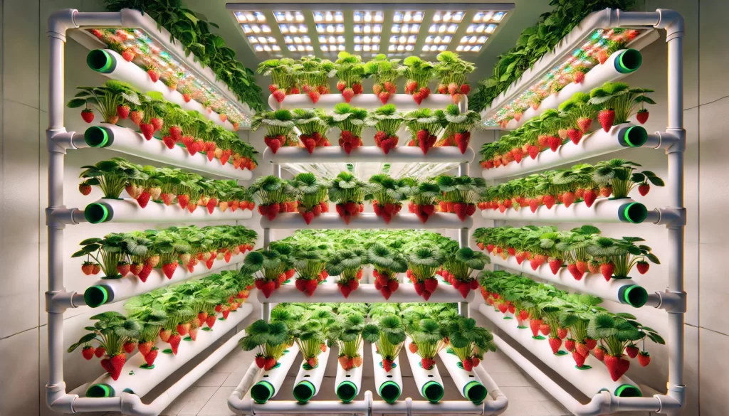 DALL·E 2025 01 08 16.01.21 A highly realistic image of an indoor hydroponic setup for growing strawberries in a well lit room. The strawberries are growing in a vertical hydropo