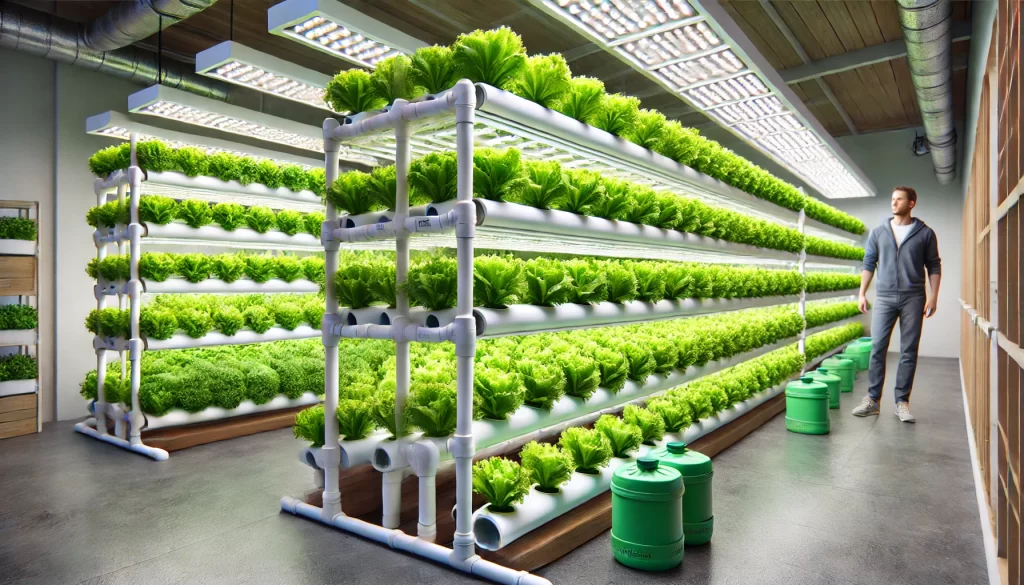 DALL·E 2025 01 08 16.02.09 A highly realistic image of an indoor hydroponic setup for growing lettuce in a well lit room. The lettuce plants are growing in a vertical hydroponic