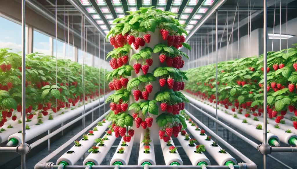 DALL·E 2025 01 08 16.03.48 A highly realistic image showcasing raspberry cultivation in a hydroponic system. The plants are growing in vertical hydroponic racks, supported by a