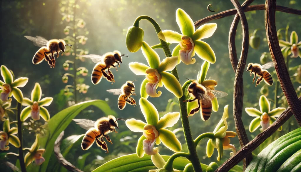 DALL·E 2025 01 08 16.09.15 A highly realistic image of melipona bees pollinating a vanilla plant in a tropical setting. The bees, small and winged, are shown delicately hovering