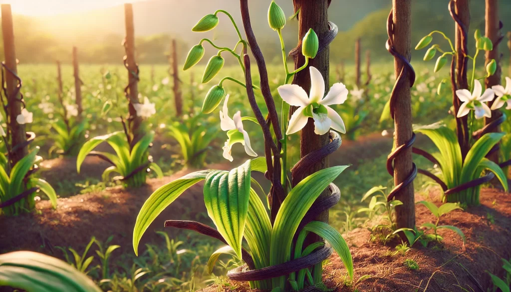 DALL·E 2025 01 08 16.14.38 A highly realistic close up image of a vanilla plant in a tropical field. The plant is shown with long green vines climbing wooden supports, with vibr