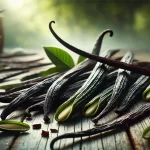 DALL·E 2025 01 08 16.15.46 A highly realistic image showing freshly cut vanilla pods laid out on a rustic wooden surface. The pods are long, dark green, and slightly curved, wit