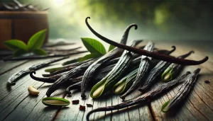 DALL·E 2025 01 08 16.15.46 A highly realistic image showing freshly cut vanilla pods laid out on a rustic wooden surface. The pods are long, dark green, and slightly curved, wit