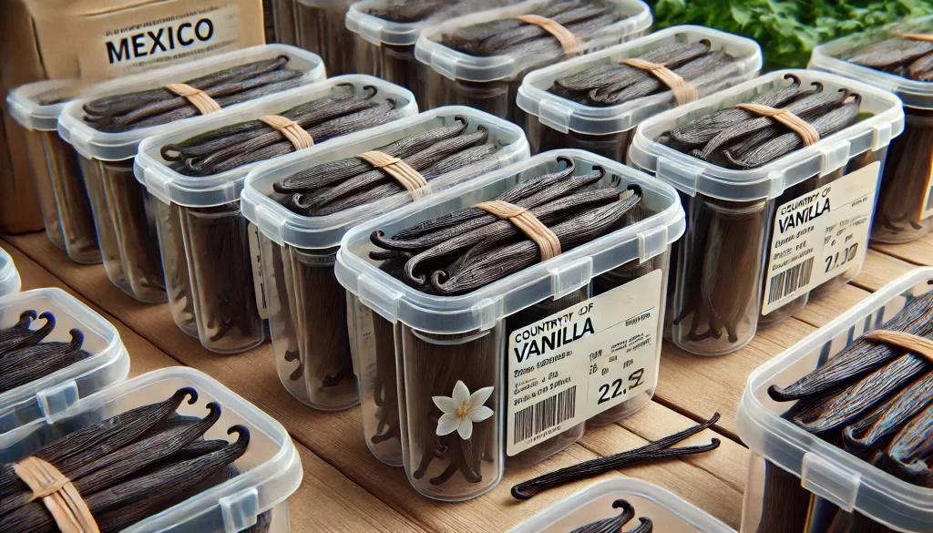 DALL·E 2025 01 08 16.19.03 A highly realistic image showing the packaging of vanilla pods for export. The vanilla pods are carefully arranged in clear plastic or glass container