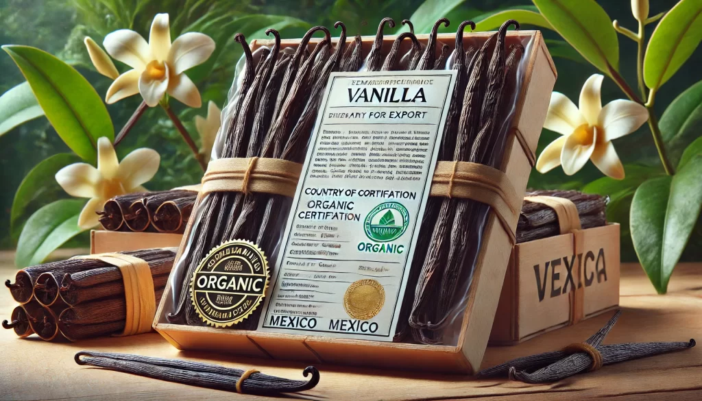 DALL·E 2025 01 08 16.20.44 A highly realistic image of vanilla pods packaged for export, with a visible certificate attached to the packaging. The vanilla pods are neatly arrang