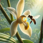 DALL·E 2025 01 08 16.25.07 A highly realistic close up image of a melipona bee pollinating a vanilla plant in a tropical setting. The bee, small and winged, is delicately hoveri