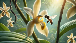 DALL·E 2025 01 08 16.25.07 A highly realistic close up image of a melipona bee pollinating a vanilla plant in a tropical setting. The bee, small and winged, is delicately hoveri