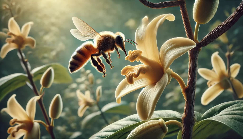 DALL·E 2025 01 08 16.26.42 A highly realistic close up image of a melipona bee pollinating a vanilla plant from a different angle. The bee is seen from the side, hovering near t