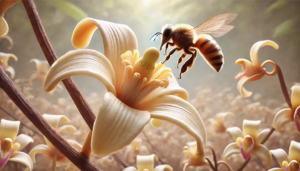 DALL·E 2025 01 08 16.27.10 A highly realistic close up image of a melipona bee pollinating a vanilla flower from a different perspective. The bee is seen hovering above the vani