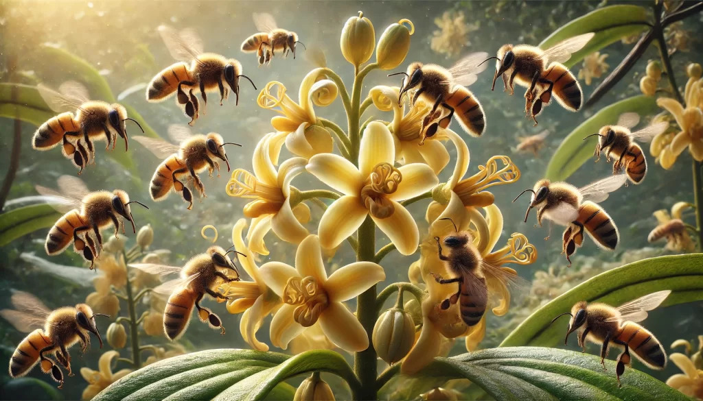 DALL·E 2025 01 08 16.27.36 A highly realistic image showing multiple melipona bees pollinating a cluster of vanilla flowers in a tropical setting. The bees are hovering around s