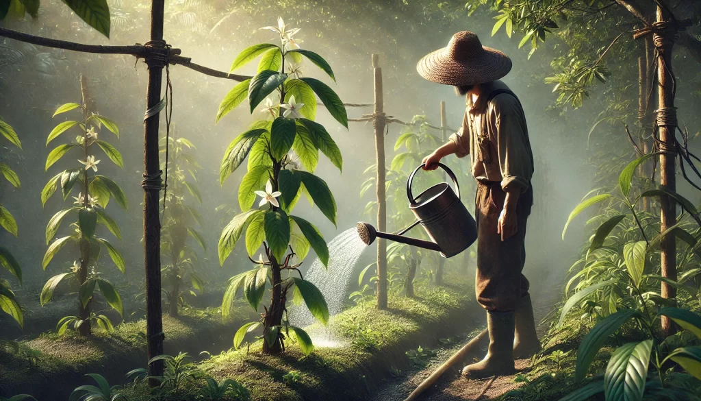 DALL·E 2025 01 08 16.50.15 A highly realistic image of a farmer watering a vanilla plant in a tropical agricultural setting. The farmer, dressed in practical clothing and a wide