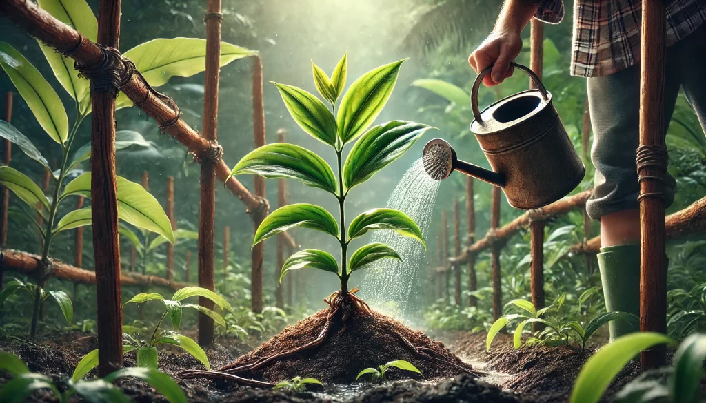 DALL·E 2025 01 08 16.51.26 A highly realistic image of a young vanilla plant being watered in a tropical agricultural setting. The plant is small, with vibrant green leaves and