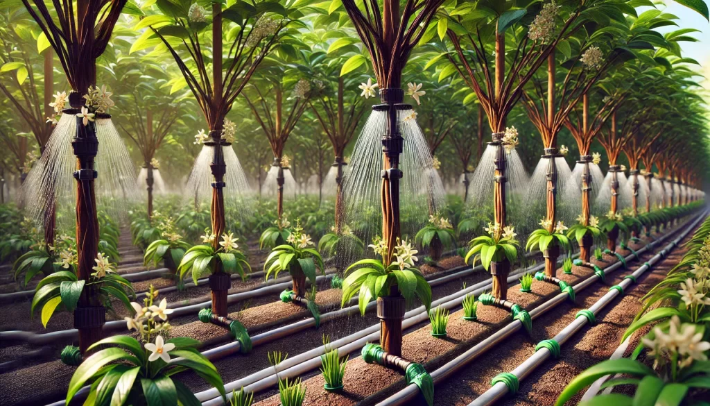 DALL·E 2025 01 08 16.52.35 A highly realistic image showing drip irrigation in a vanilla field. Rows of vanilla plants are supported by wooden trellises, with black drip irrigat