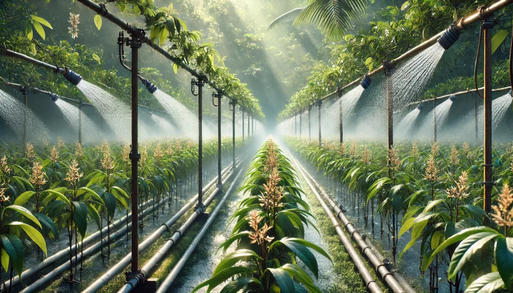 DALL·E 2025 01 08 16.53.34 A highly realistic image showing a micro sprinkler irrigation system in a vanilla plantation. The scene features rows of vanilla plants supported by w