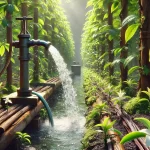 DALL·E 2025 01 08 16.54.43 A highly realistic image of water being used in a vanilla cultivation field. The scene shows rows of healthy vanilla plants growing on wooden trellise