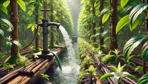 DALL·E 2025 01 08 16.54.43 A highly realistic image of water being used in a vanilla cultivation field. The scene shows rows of healthy vanilla plants growing on wooden trellise