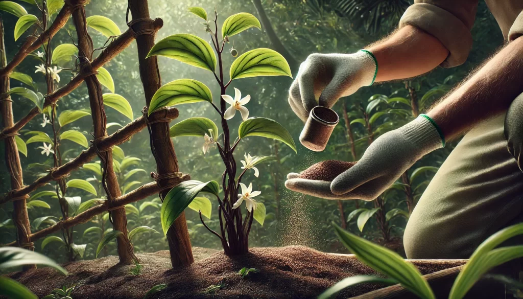 DALL·E 2025 01 08 16.57.42 A highly realistic image showing a farmer's hand adding fertilizer to a vanilla plant in a tropical agricultural setting. The farmer, wearing gloves,