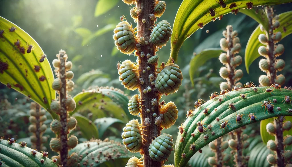 DALL·E 2025 01 08 17.09.42 A highly realistic close up image of cochineal insects infesting a vanilla plant. The cochineals are visible as small, oval shaped insects, clustered