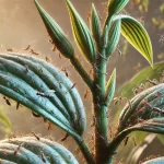 DALL·E 2025 01 08 17.10.37 A highly realistic close up image of thrips insects on a vanilla plant. The tiny, slender insects are visible on the undersides of the leaves and on t