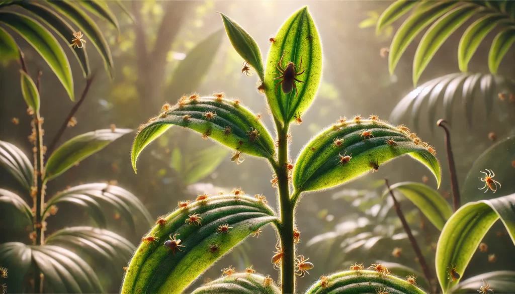 DALL·E 2025 01 08 17.11.39 A highly realistic close up image of mites on a vanilla plant. The tiny, barely visible mites are clustered on the undersides of the leaves and stems,