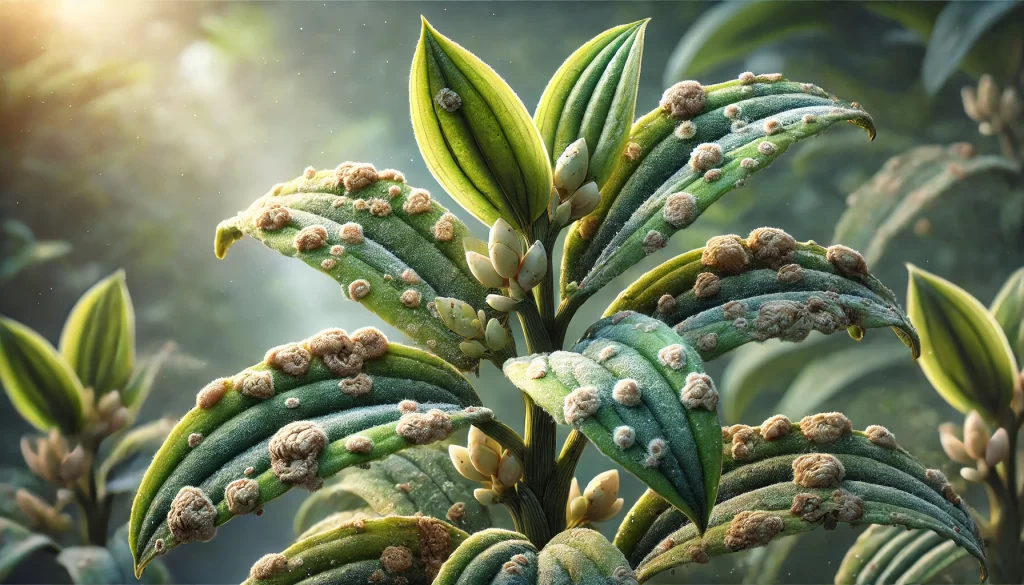 DALL·E 2025 01 08 17.18.58 A highly realistic close up image showing mildew or scab disease (mildiu or sarna) affecting a vanilla plant. The leaves show raised, rough patches, c