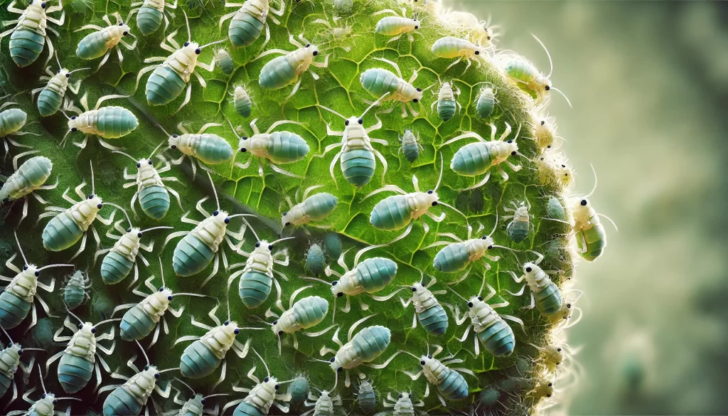 DALL·E 2025 01 09 11.59.50 Um close-up altamente detalhado e realista de pulgões (Aphididae) em uma folha verde. Os pulgões são pequenos, translúcidos e se agrupam juntos.