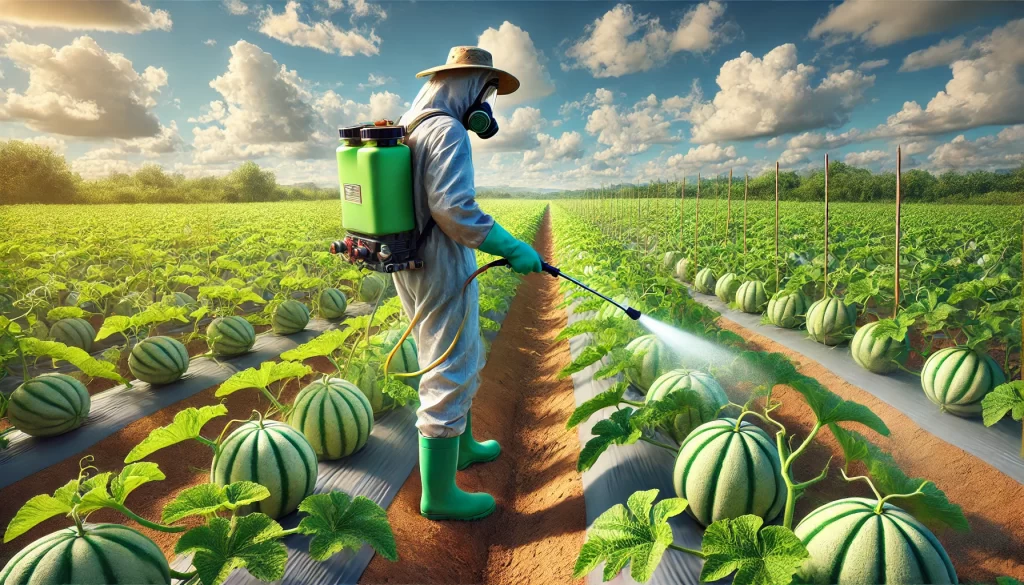 DALL·E 2025 01 09 12.02.47 A highly realistic depiction of a farmer applying pesticides to a melon field on a sunny day. The farmer is wearing protective clothing, including glo